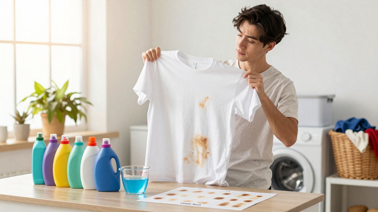 Homem segurando camiseta branca com manchas e analisando produtos de limpeza coloridos em mesa.