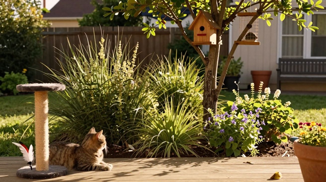 Gato deitado em varanda ao lado de arranhador, com árvore, flores e casinha de passarinho ao fundo.