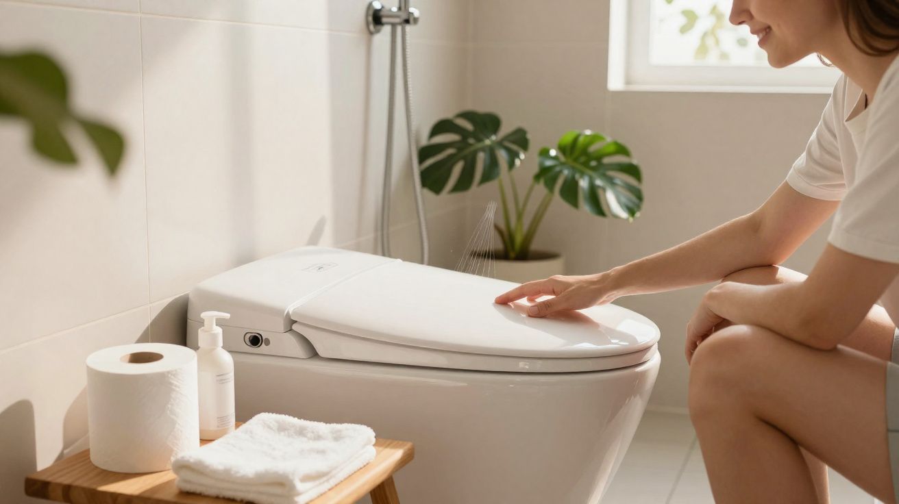 Mulher acionando tampa de vaso sanitário inteligente em banheiro com toalha, papel higiênico e planta.