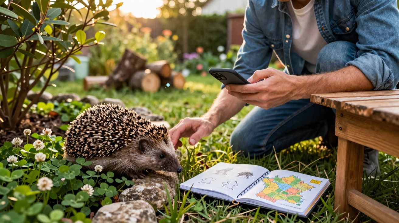 Homem fotografandoouriço em jardim com livro e banco de madeira ao entardecer.