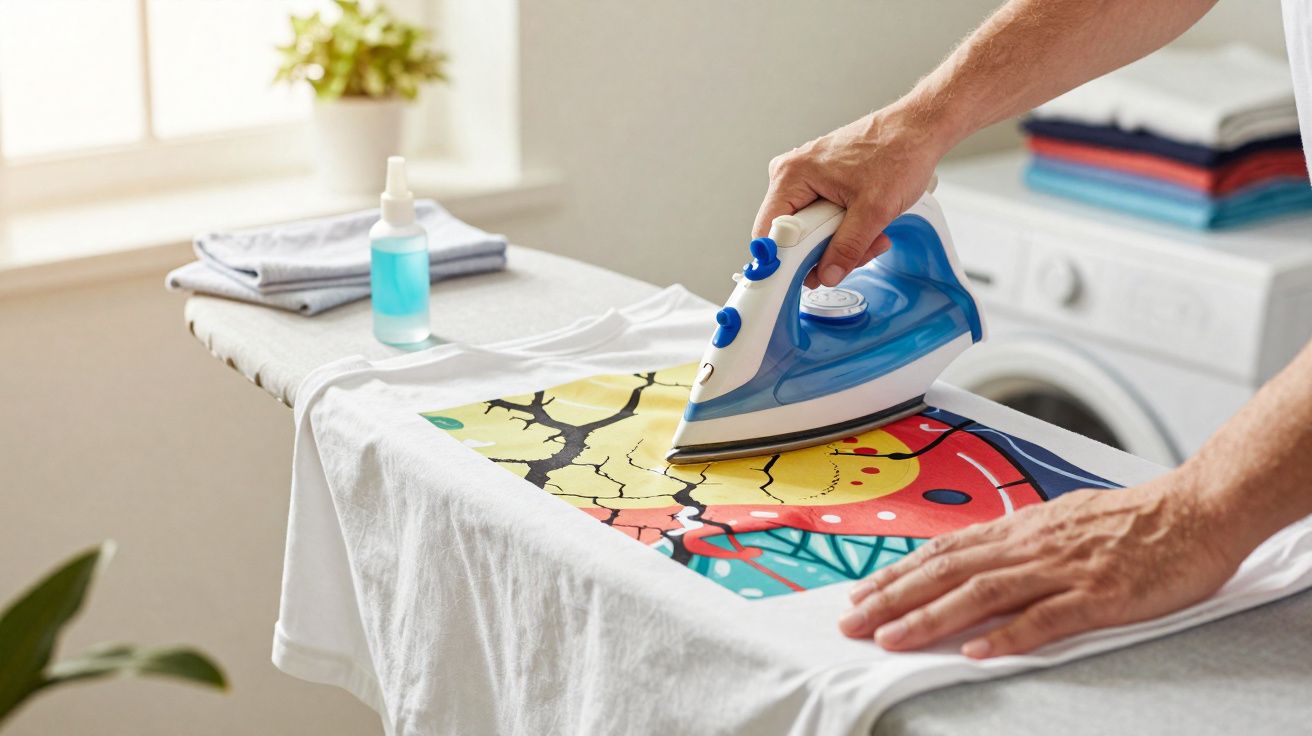 Pessoa usando ferro de passar azul para aplicar estampa colorida em camiseta branca sobre tábua de passar.