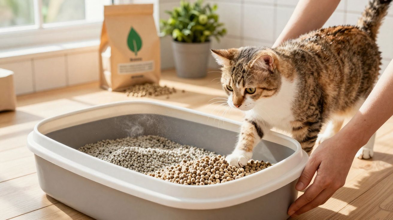Gato cinza e branco entrando em caixa de areia com pellets biodegradáveis em ambiente claro e acolhedor.