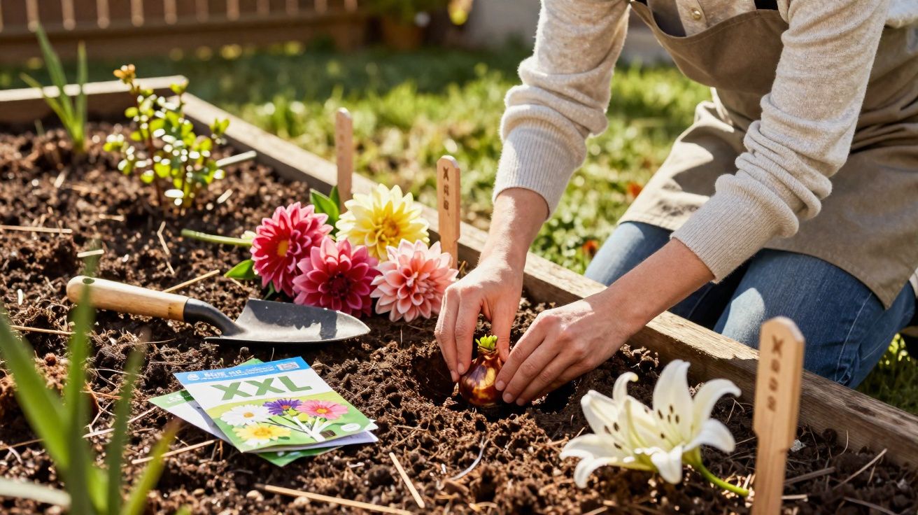 Pessoa plantando bulbo de flor em canteiro com flores coloridas e ferramentas de jardinagem.