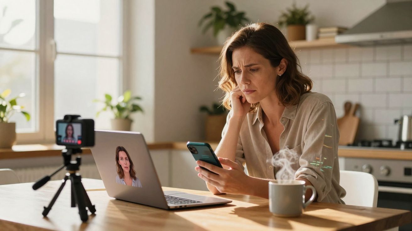 Mulher em cozinha lendo celular e grava vídeo no laptop, com xícara de café fumegante à frente.