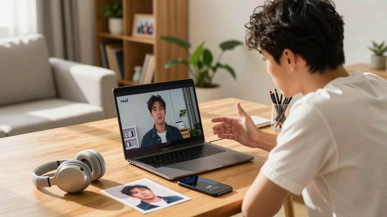 Homem fazendo chamada de vídeo em laptop, com foto impressa e fones sobre mesa de madeira.
