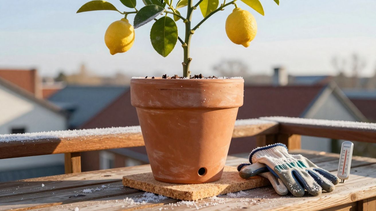 Vaso de cerâmica com limoeiro frutificando, luvas de jardinagem e termômetro em mesa de madeira ao ar livre.
