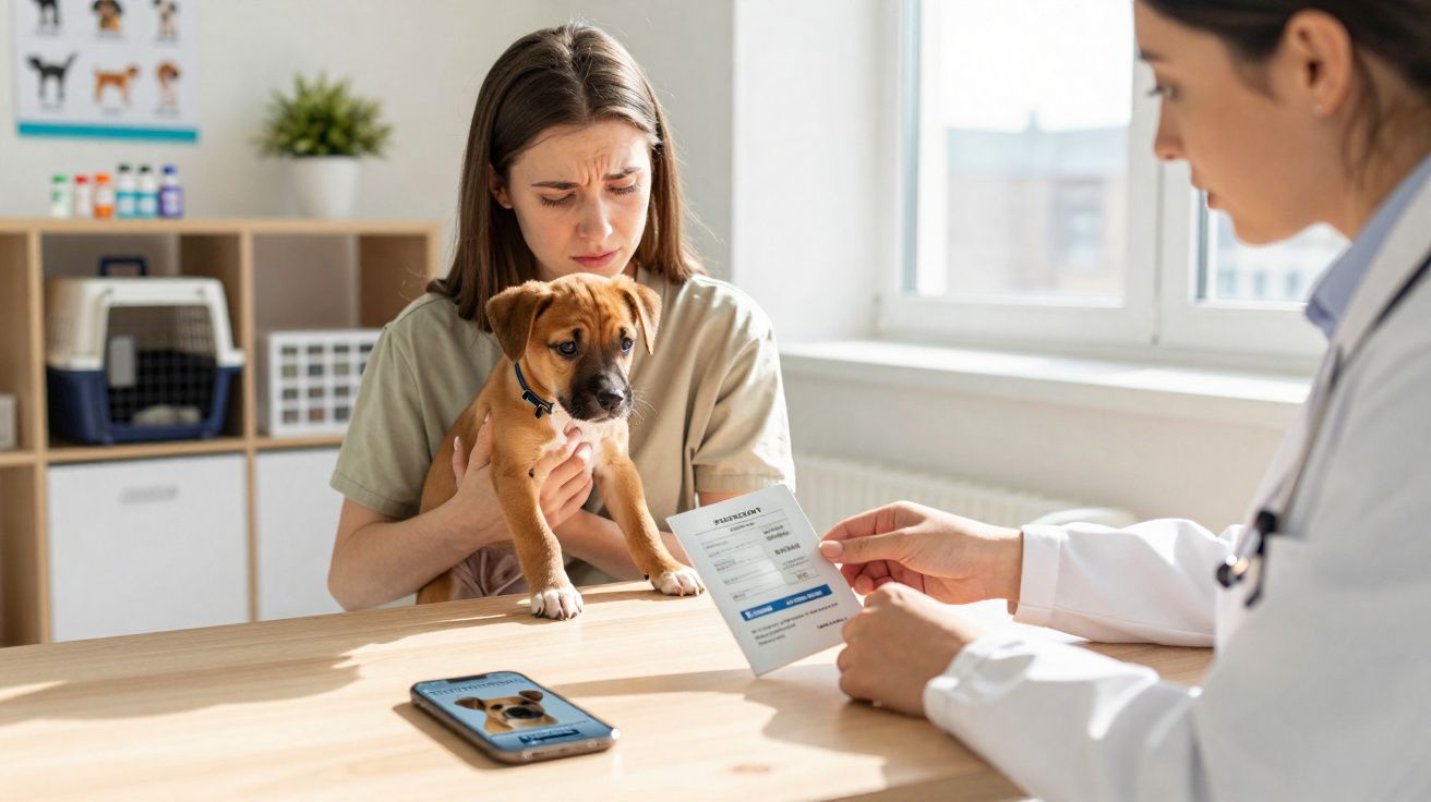 Mulher com filhote no consultório veterinário recebendo orientação da médica sobre vacinação do cachorro.