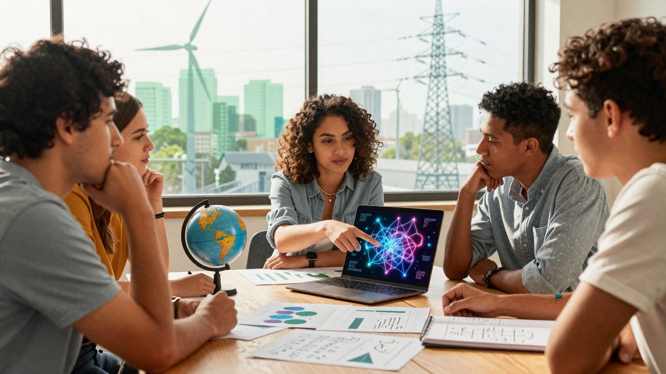 Grupo jovem discutindo tecnologia sustentável em reunião com laptop, gráficos e globo terrestre à mesa.