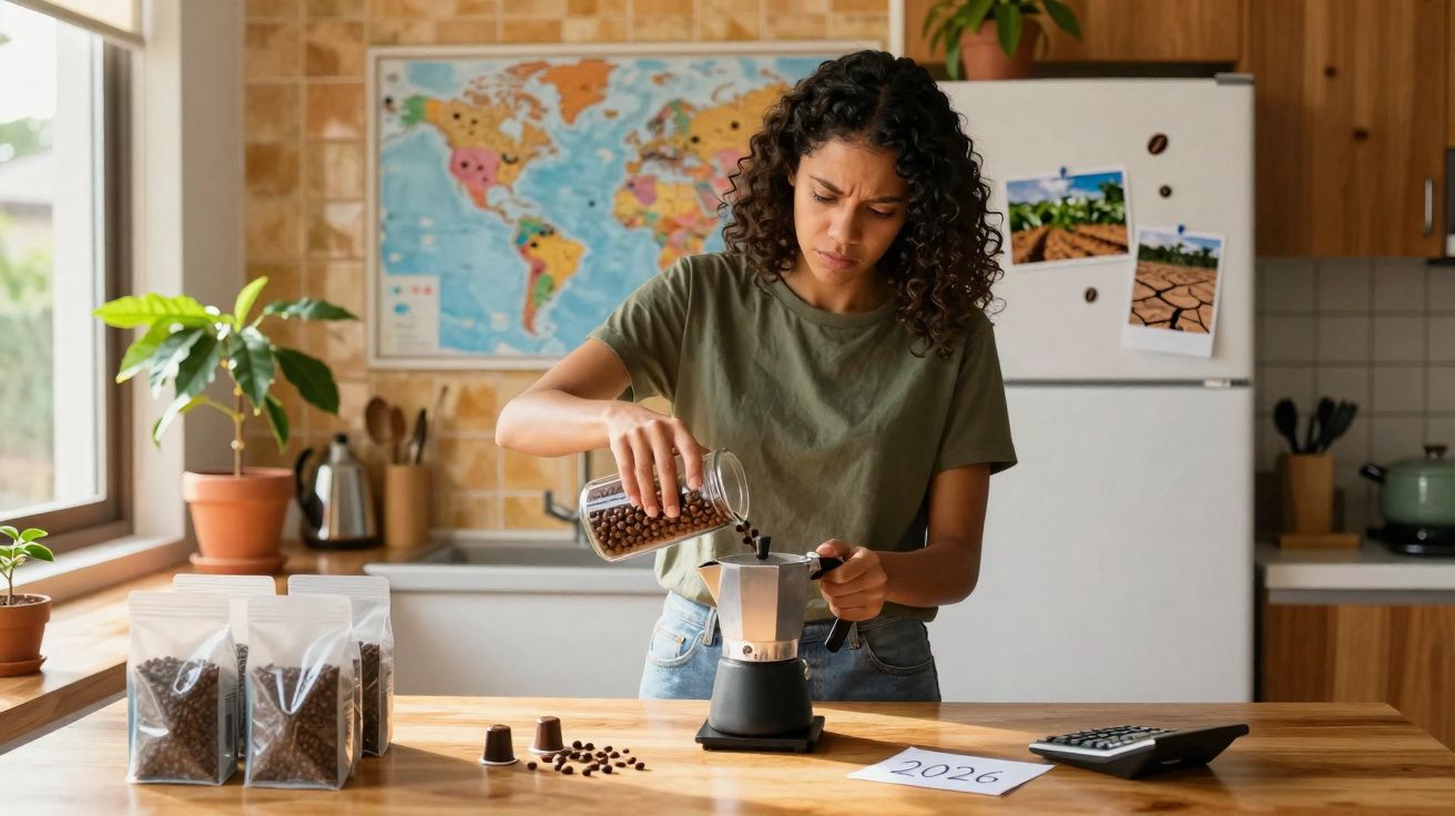 Mulher jovem preparando café com grãos em cafeteira italiana na cozinha iluminada natural.