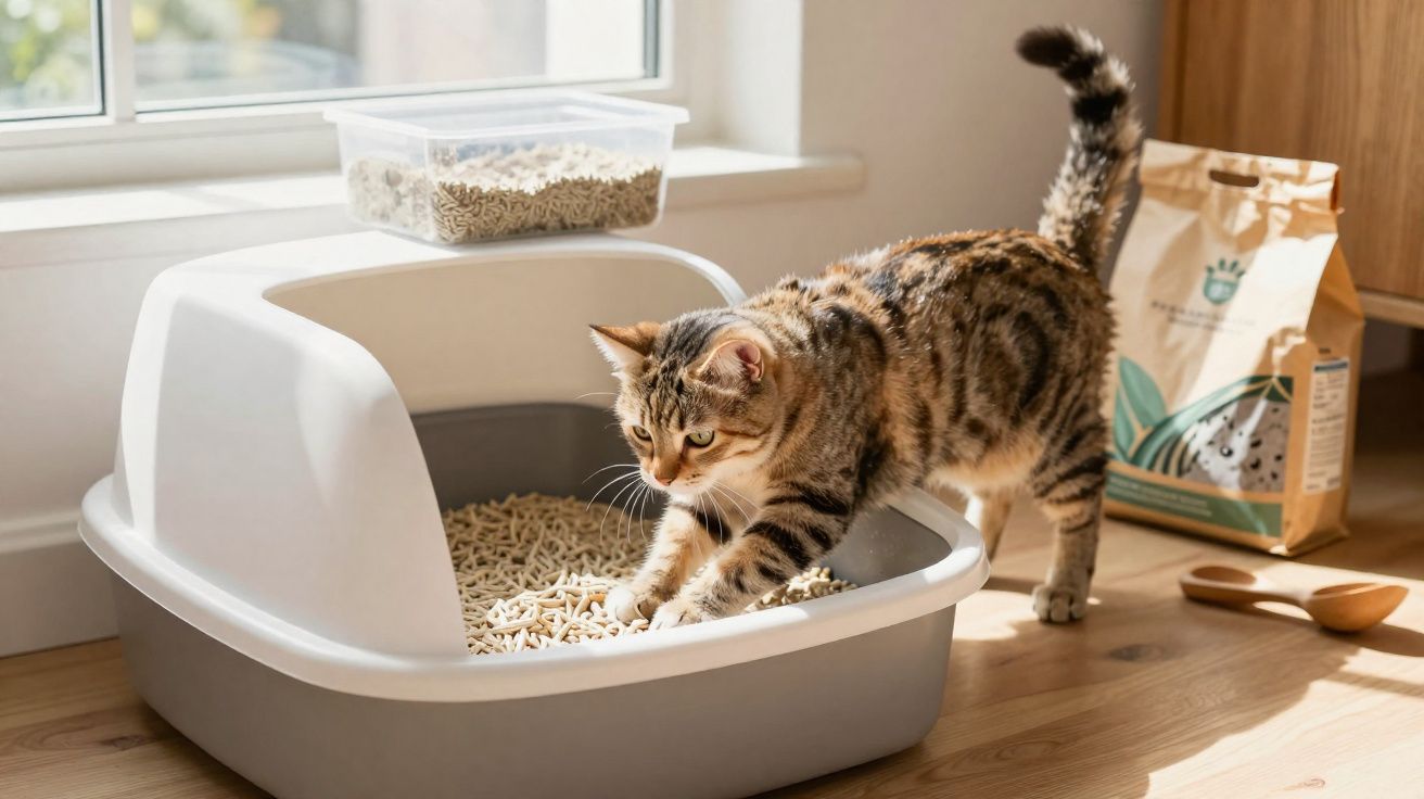 Gato cinza e marrom entrando em caixa de areia coberta colocada perto de janela com saco e pote de ração ao fundo.