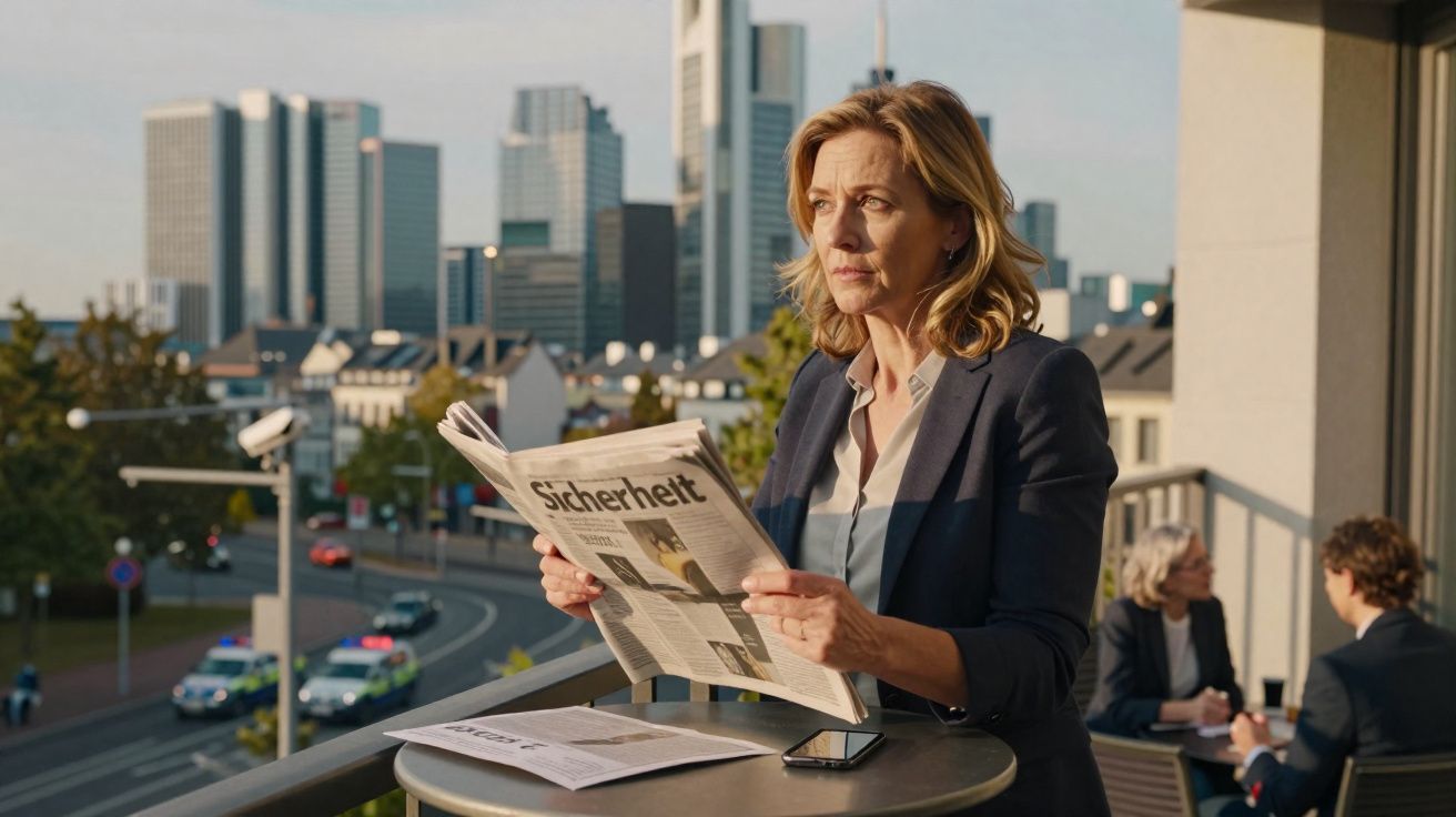 Mulher de negócios lendo jornal em varanda com vista para prédios e rua movimentada ao fundo.