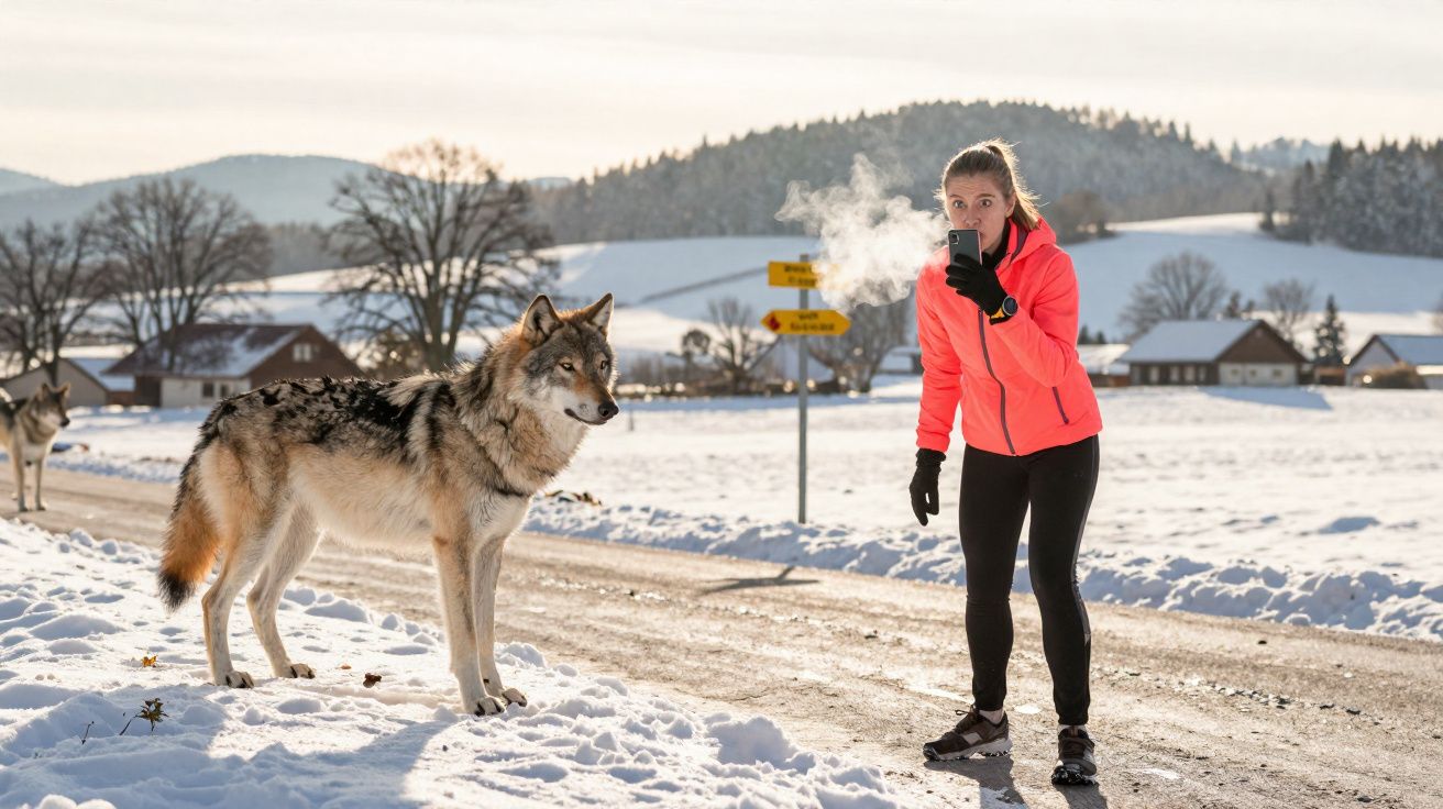 Mulher tirando selfie com lobo em paisagem nevada com casas e montanhas ao fundo.