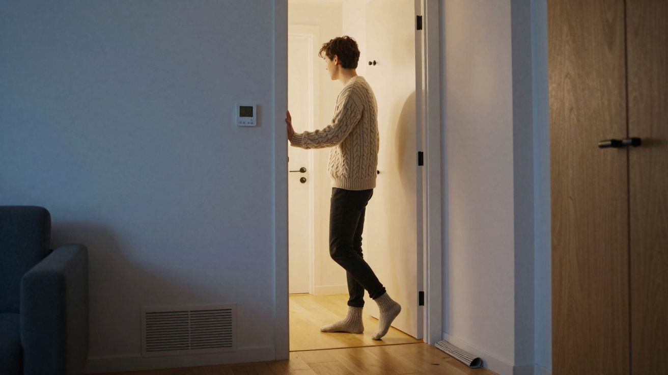 Pessoa de suéter claro e meia abrindo porta em ambiente interno com iluminação quente e piso de madeira.