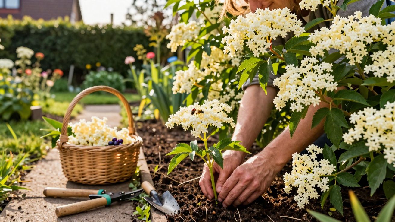 Pessoa plantando flores brancas em um jardim com cesta e ferramentas ao lado em dia ensolarado.