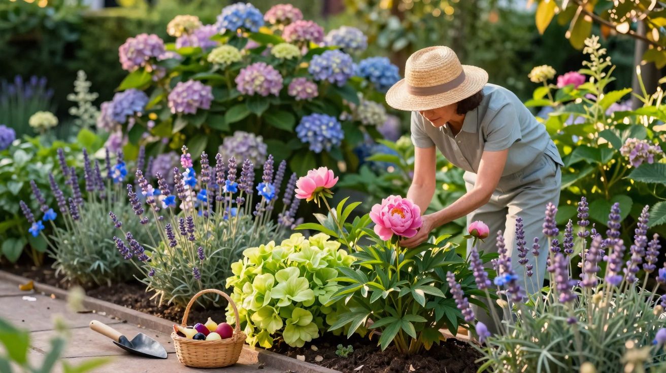 Mulher com chapéu cuidando de flores em jardim colorido com várias plantas e cesta ao lado.