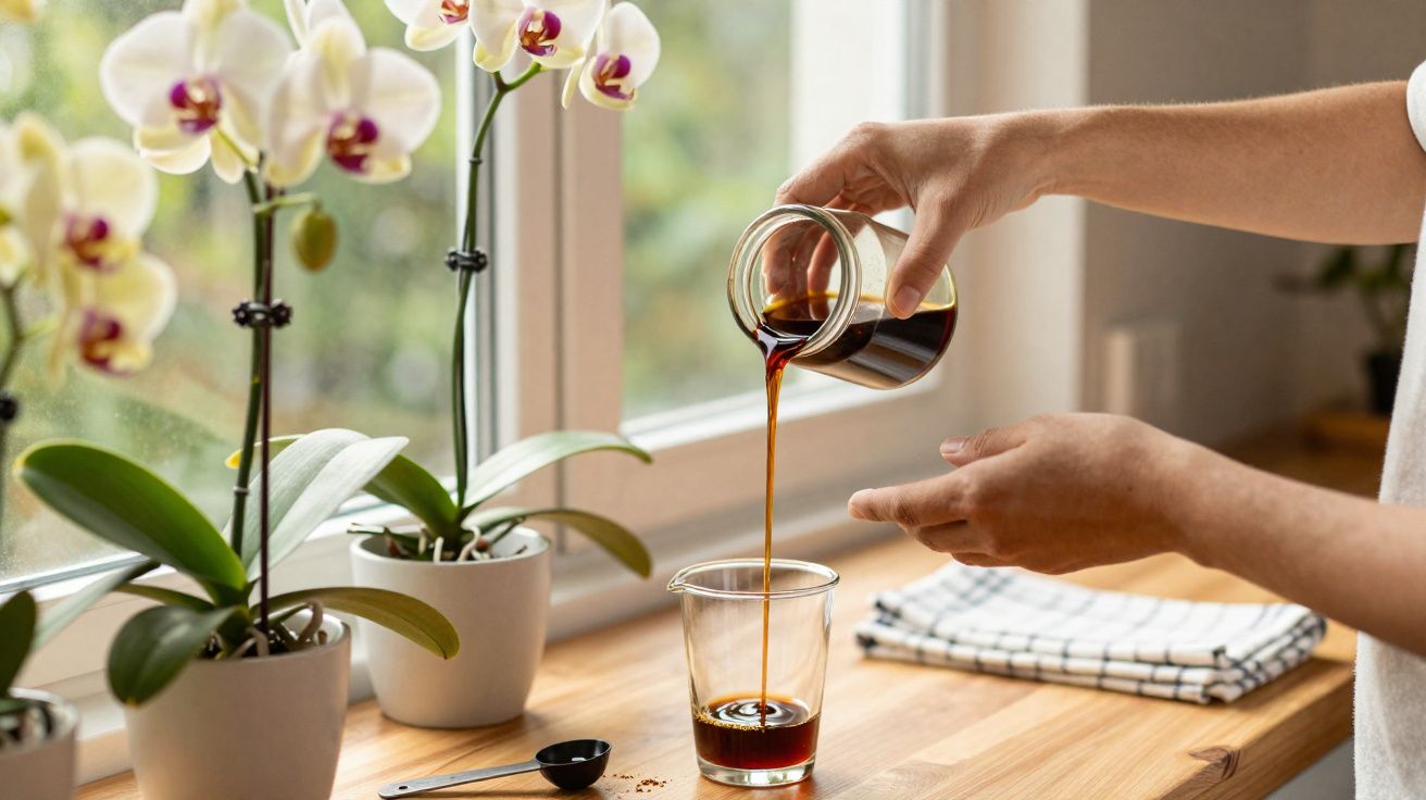 Pessoa despejando café em copo de vidro próximo a janelas com vasos de orquídeas brancas na bancada de madeira.