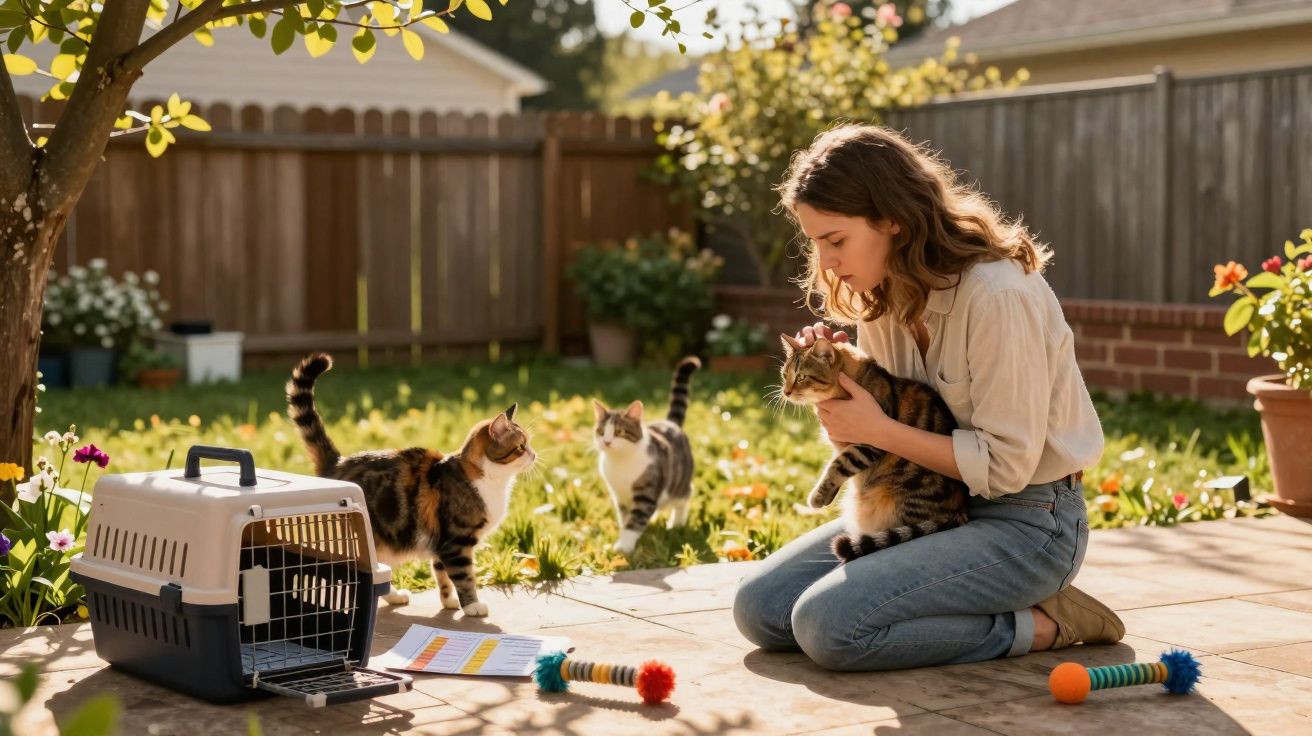 Mulher agachada no jardim segurando gato, com outros dois gatos e brinquedos ao redor em dia ensolarado.