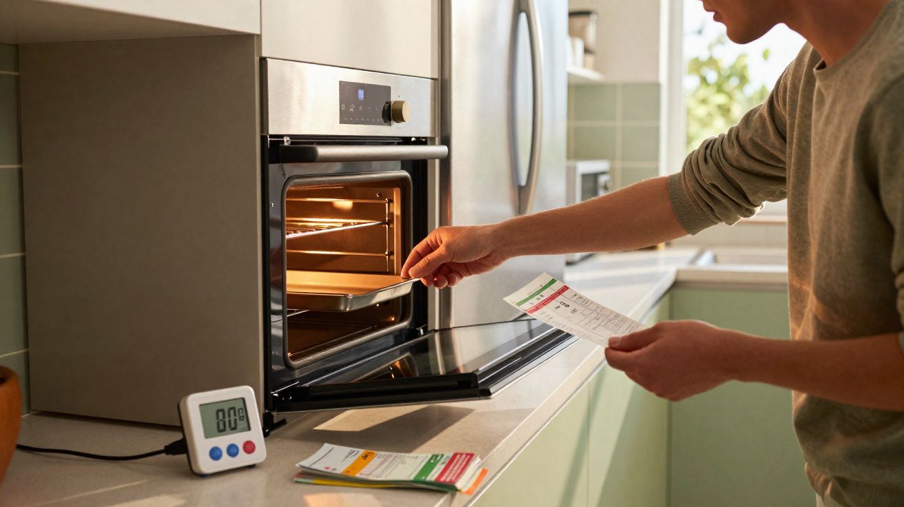 Pessoa colocando assadeira no forno elétrico em cozinha moderna com termômetro digital na bancada.