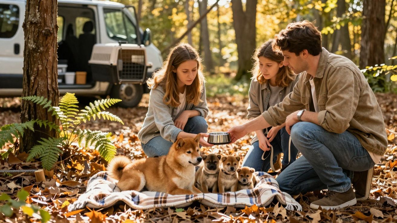 Três pessoas em um parque alimentando um cachorro adulto e três filhotes sentados sobre uma manta no chão.