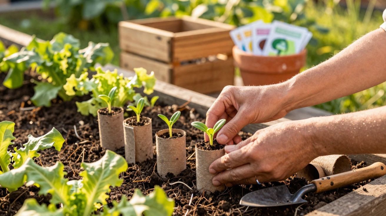 Mãos plantando mudas em pedaços de papelão biodegradável em canteiro de terra no jardim.
