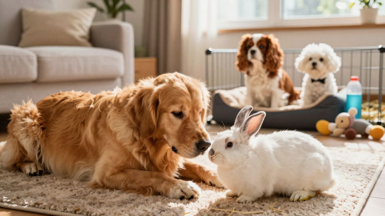 Cachorro dourado e coelho branco se olham no tapete, com dois cães ao fundo em uma sala iluminada.