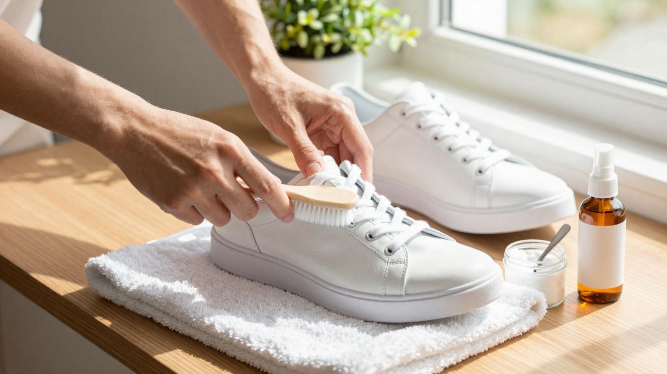 Pessoa limpando tênis branco com escova e produtos de limpeza sobre toalha em mesa perto da janela.