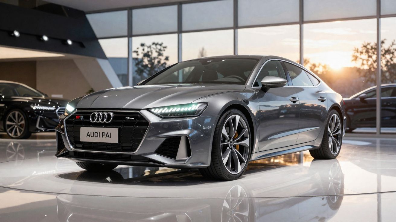Carro esportivo Audi cinza em exposição em showroom com luz natural ao fundo.
