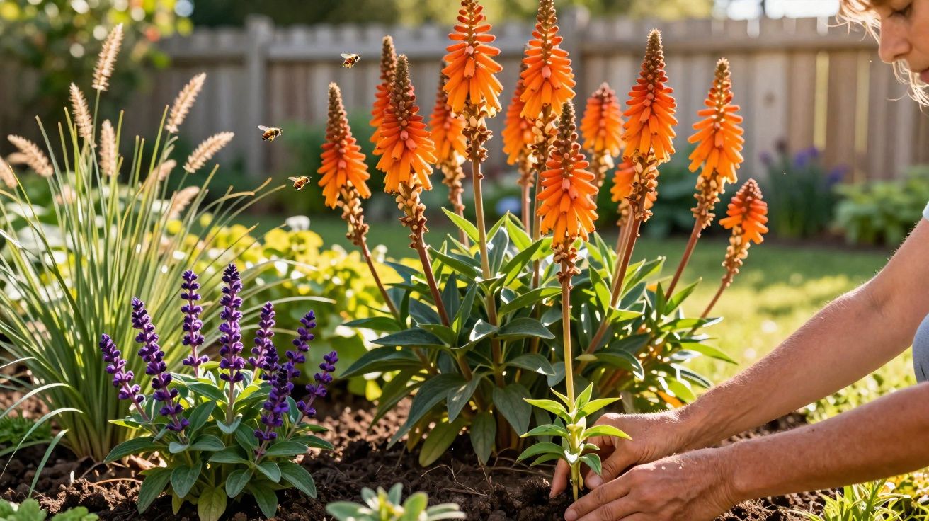 Pessoa cuidando de flores laranja e roxas em um jardim ensolarado, com abelhas voando.