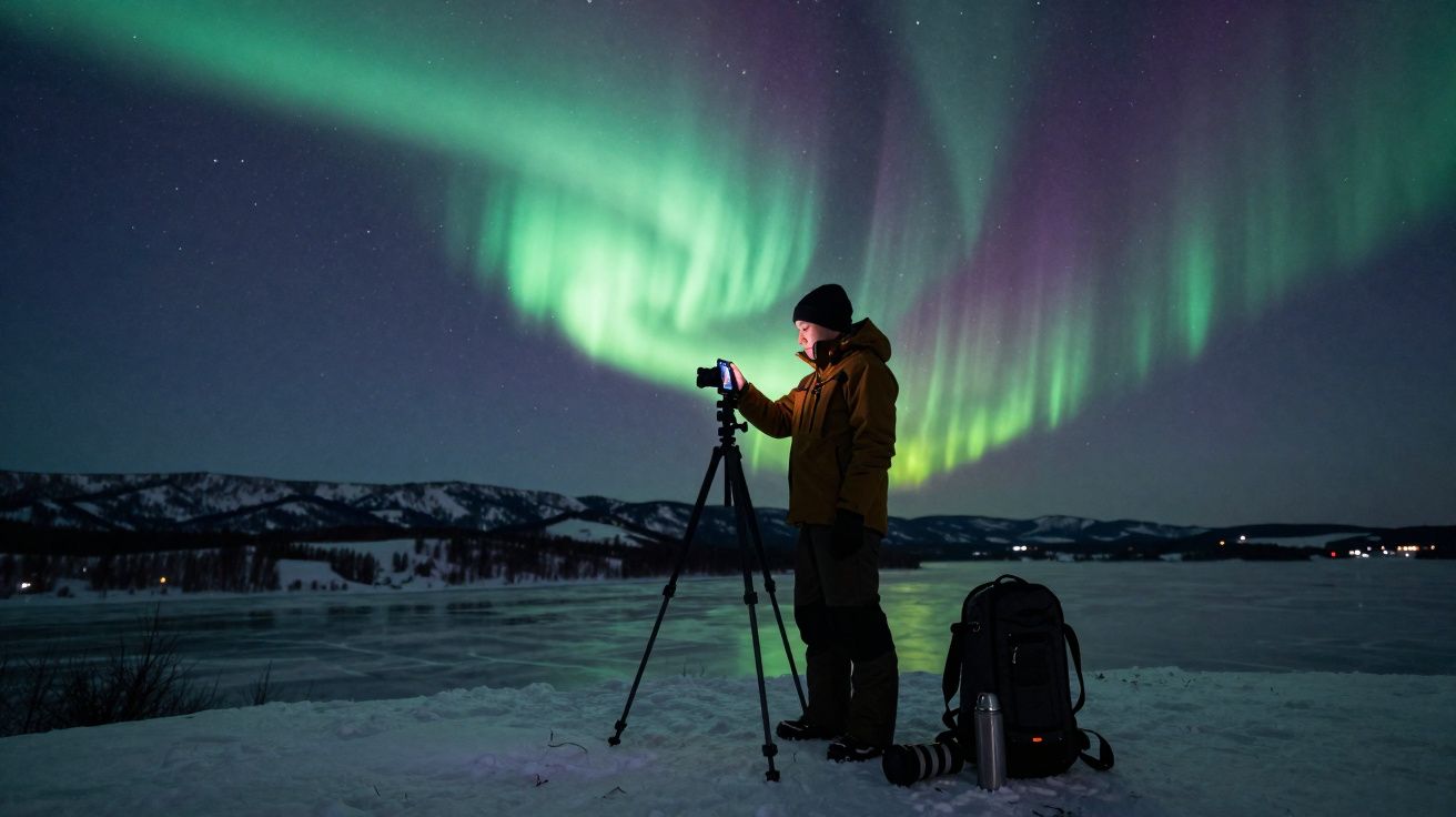 Pessoa fotografando a aurora boreal com câmera em tripé na neve, com mochila e acessórios ao lado.