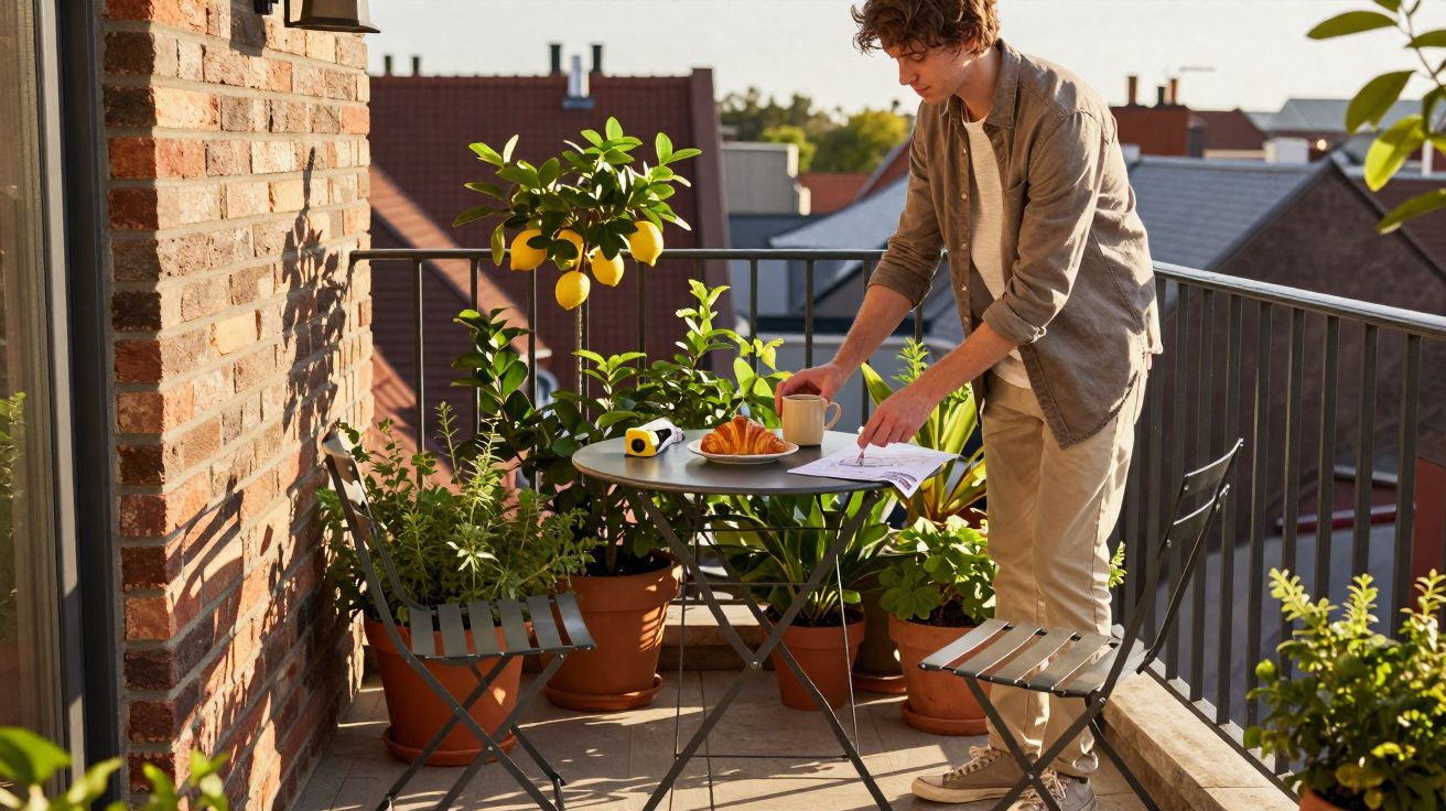 Jovem organiza jornal em mesa de varanda com plantas, croissant e café ao amanhecer.