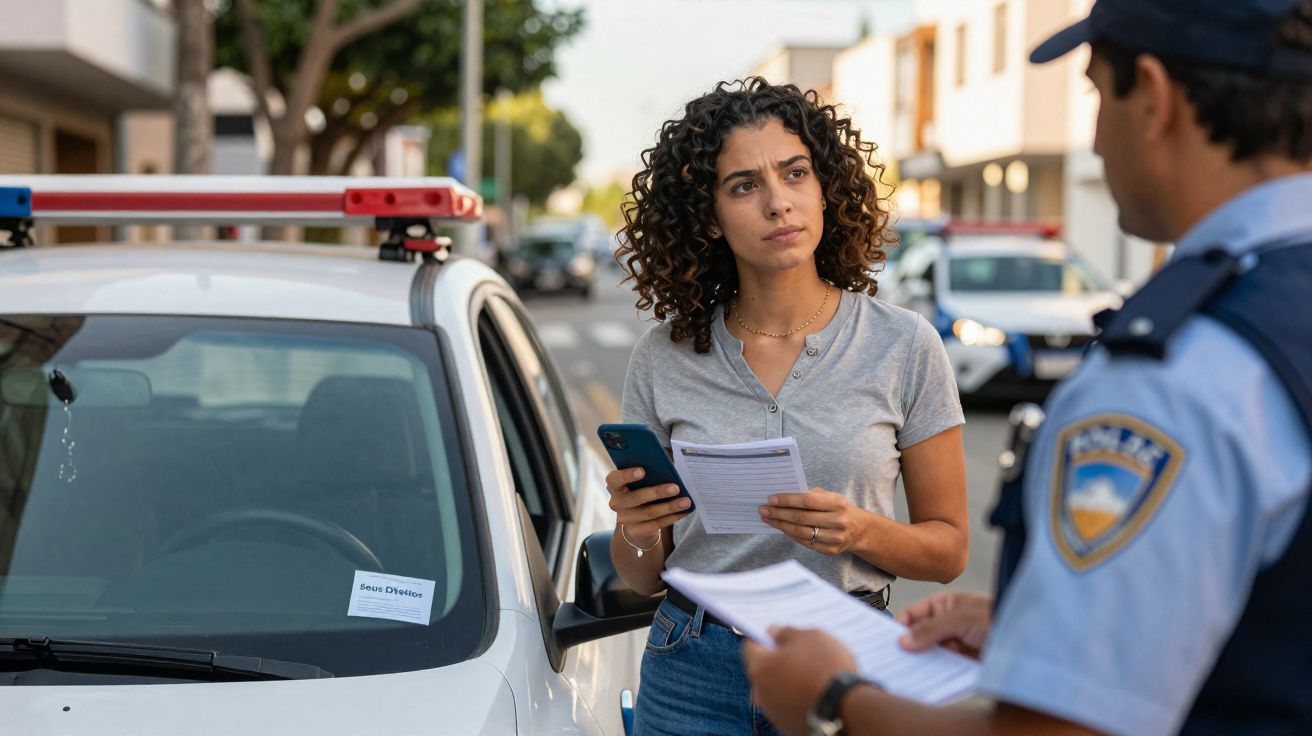 Mulher conversa com policial ao lado de carro com notificação de multa no para-brisa, em rua residencial.