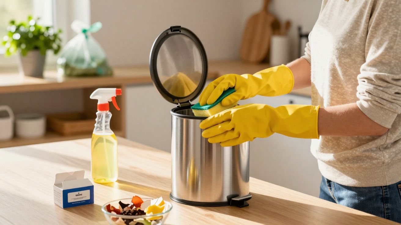 Pessoa com luvas amarelas limpando lixeira de metal na cozinha, ao lado de produtos de limpeza e restos de alimentos.