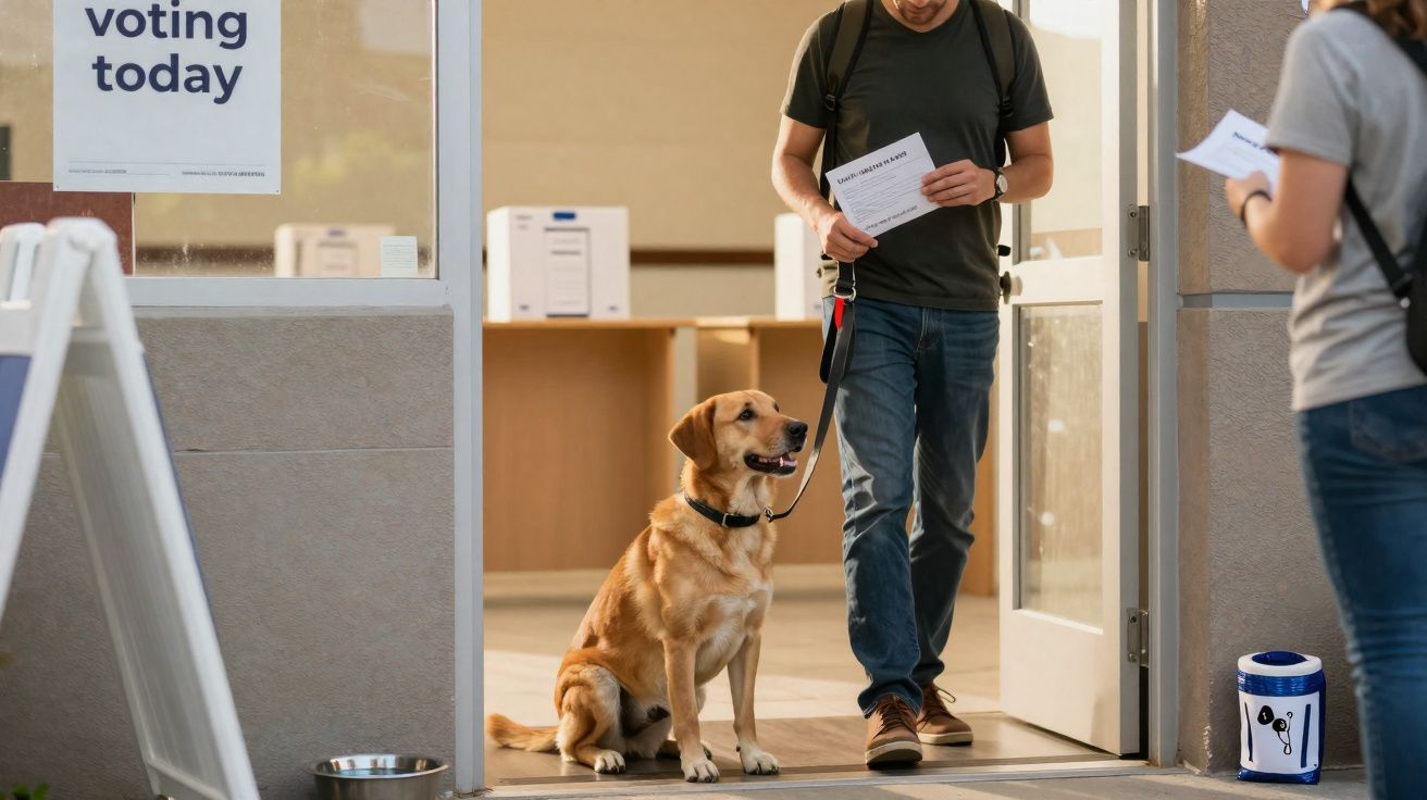 Homem caminha para votar com cachorro guia sentado na entrada de seção eleitoral.