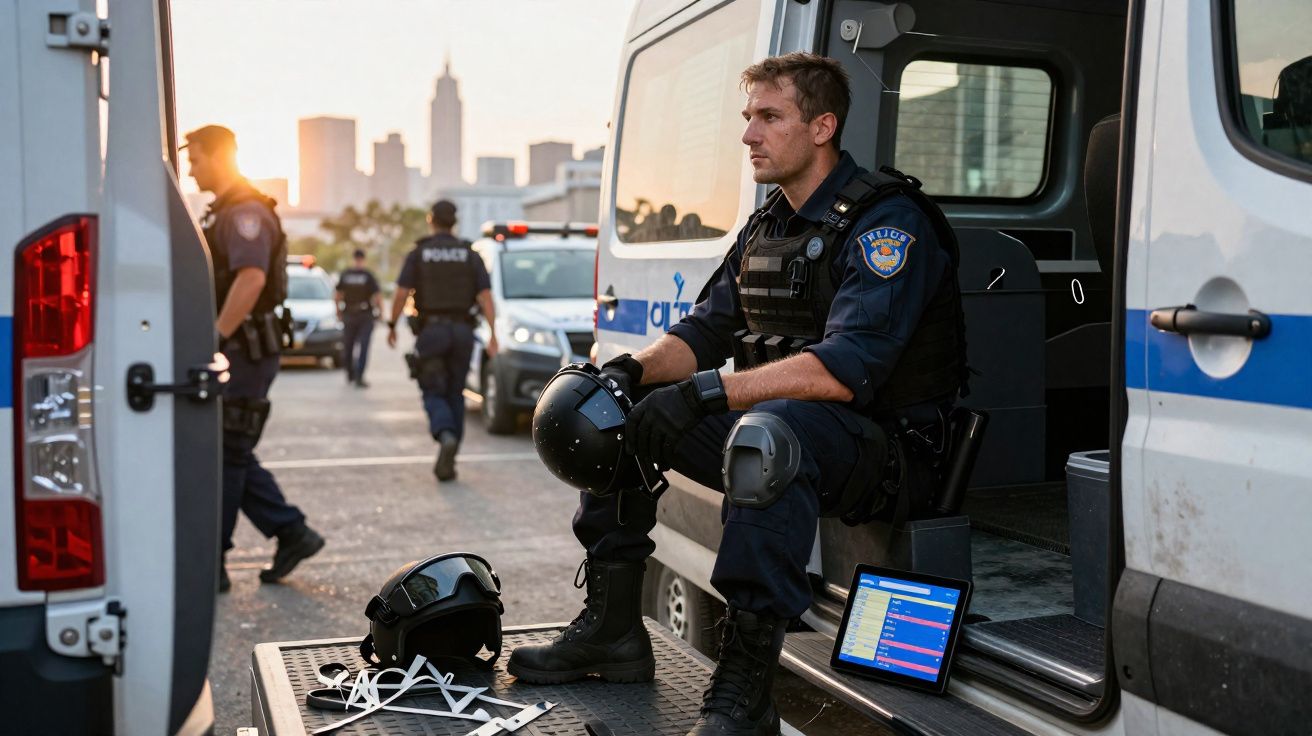 Policial sentado na traseira de viatura com capacete, computador e colegas ao fundo no pôr do sol urbano.