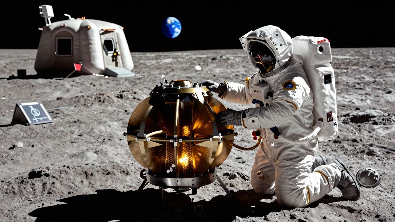 Astronauta em traje completo operando equipamento na superfície lunar com a Terra ao fundo.