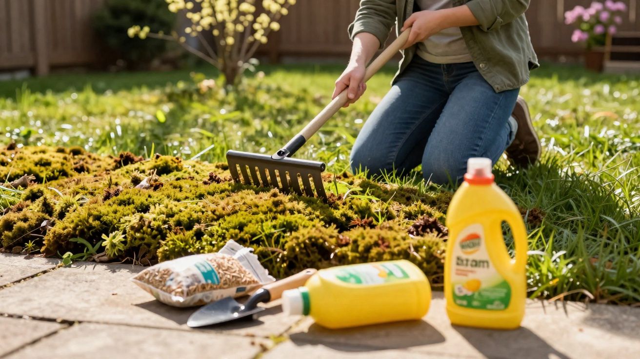 Pessoa ajoelhada no jardim usando ancinho para cuidar das plantas, com ferramentas e fertilizantes ao redor.