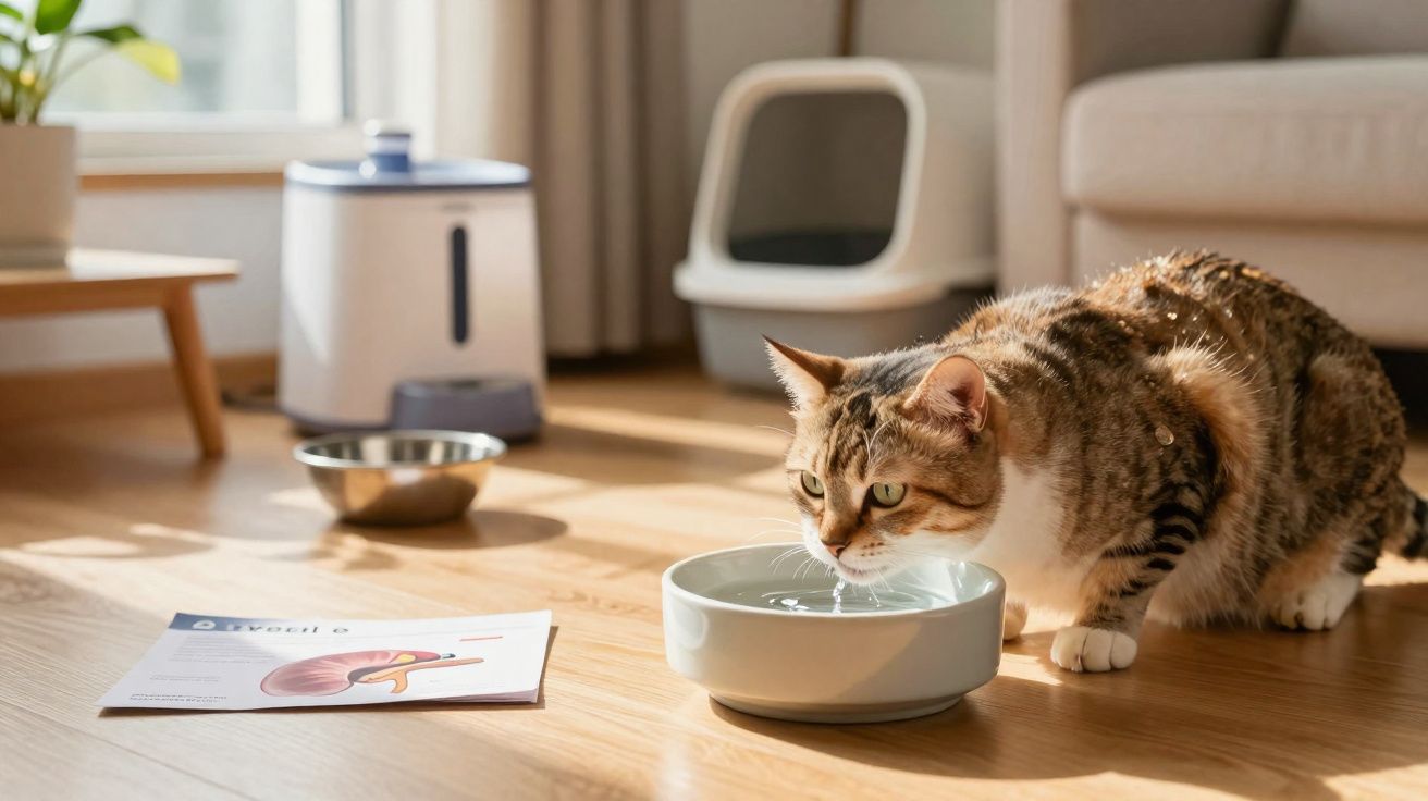 Gato marrom e branco bebendo água em um recipiente branco no chão de madeira em sala iluminada.