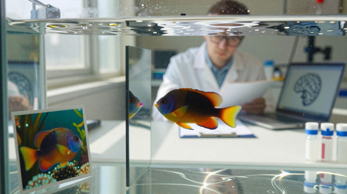 Peixe colorido em aquário de laboratório com cientista desfocado ao fundo analisando documentos.
