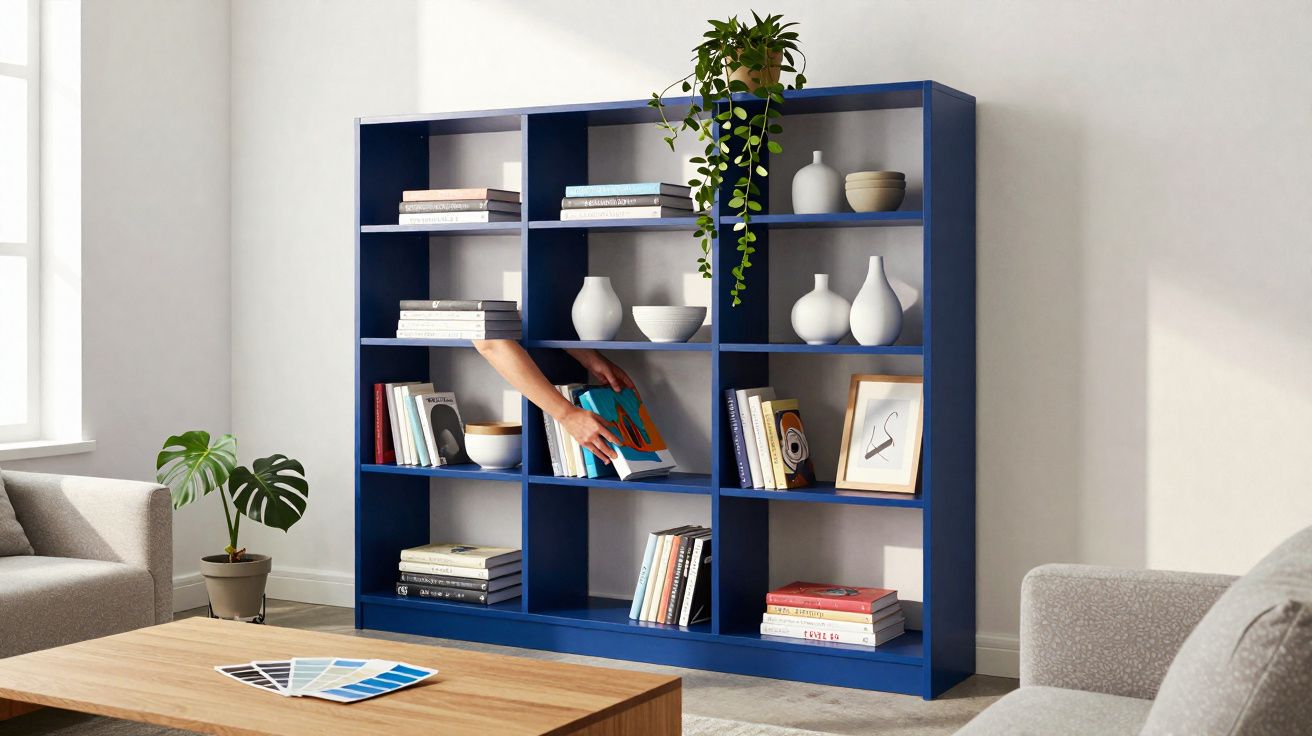 Estante azul com livros, vasos decorativos e planta, mãos organizando livros em sala iluminada.