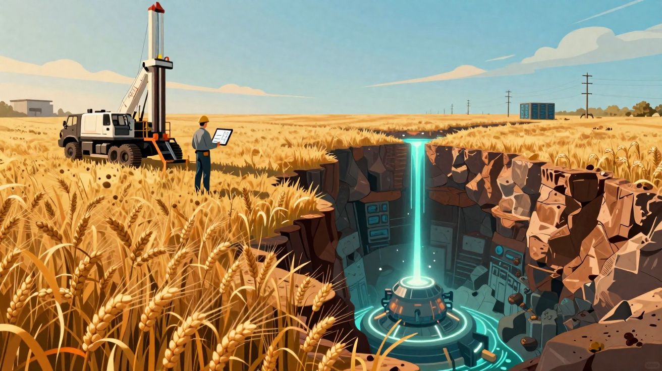 Campo de trigo com um operário e máquina, ao lado de crateras futuristas emitindo luz azul brilhante.