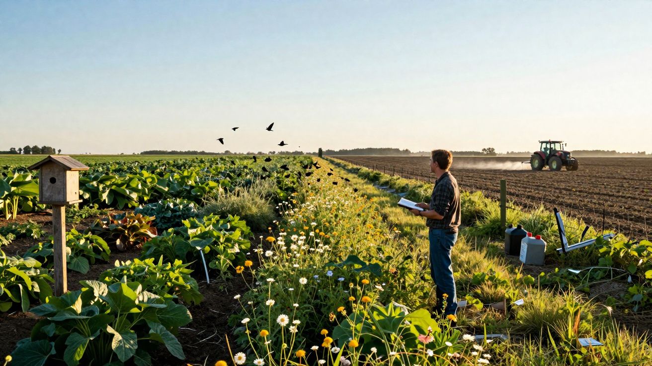 Agricultor com caderno observa plantação e trator trabalha em campo ao entardecer.