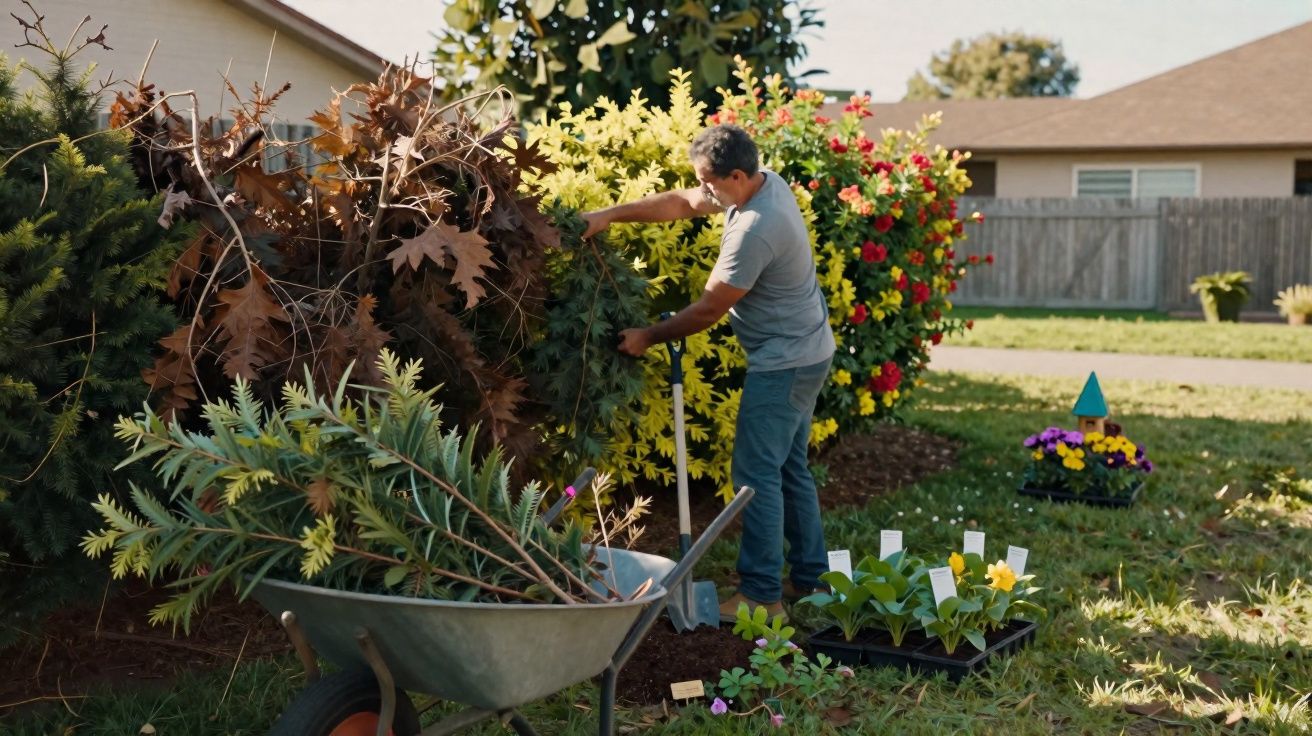 Homem cuidando do jardim com plantações, carrinho de mão e pá em área residencial.