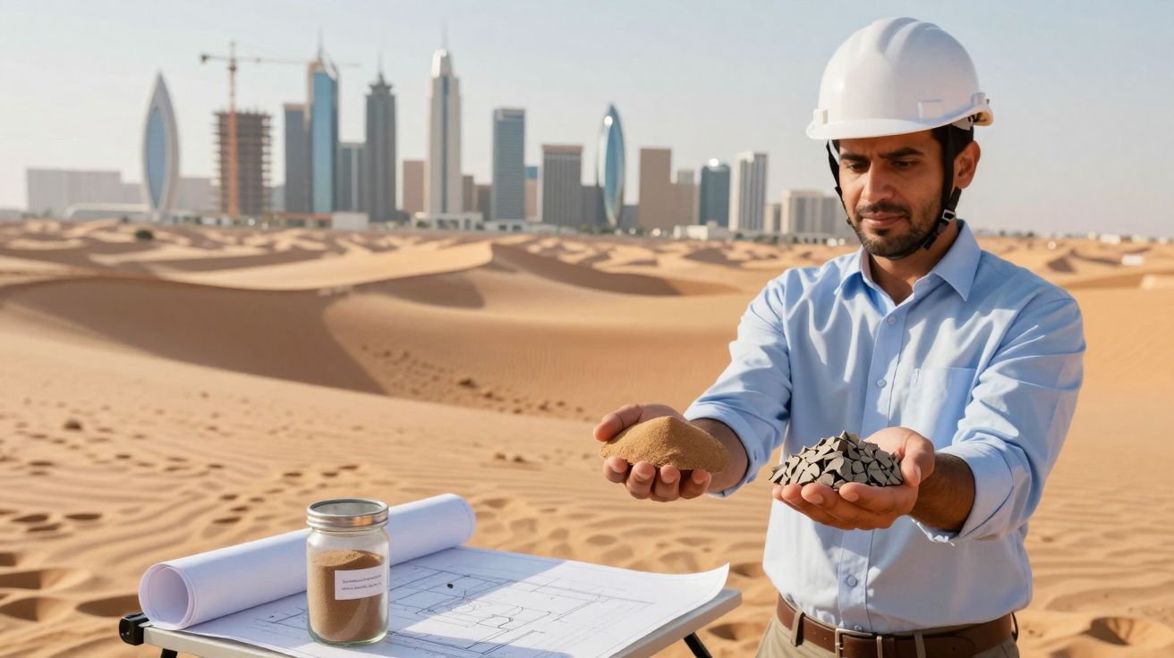 Engenheiro em capacete branco segurando amostras de areia no deserto com planta baixa e cidade ao fundo.