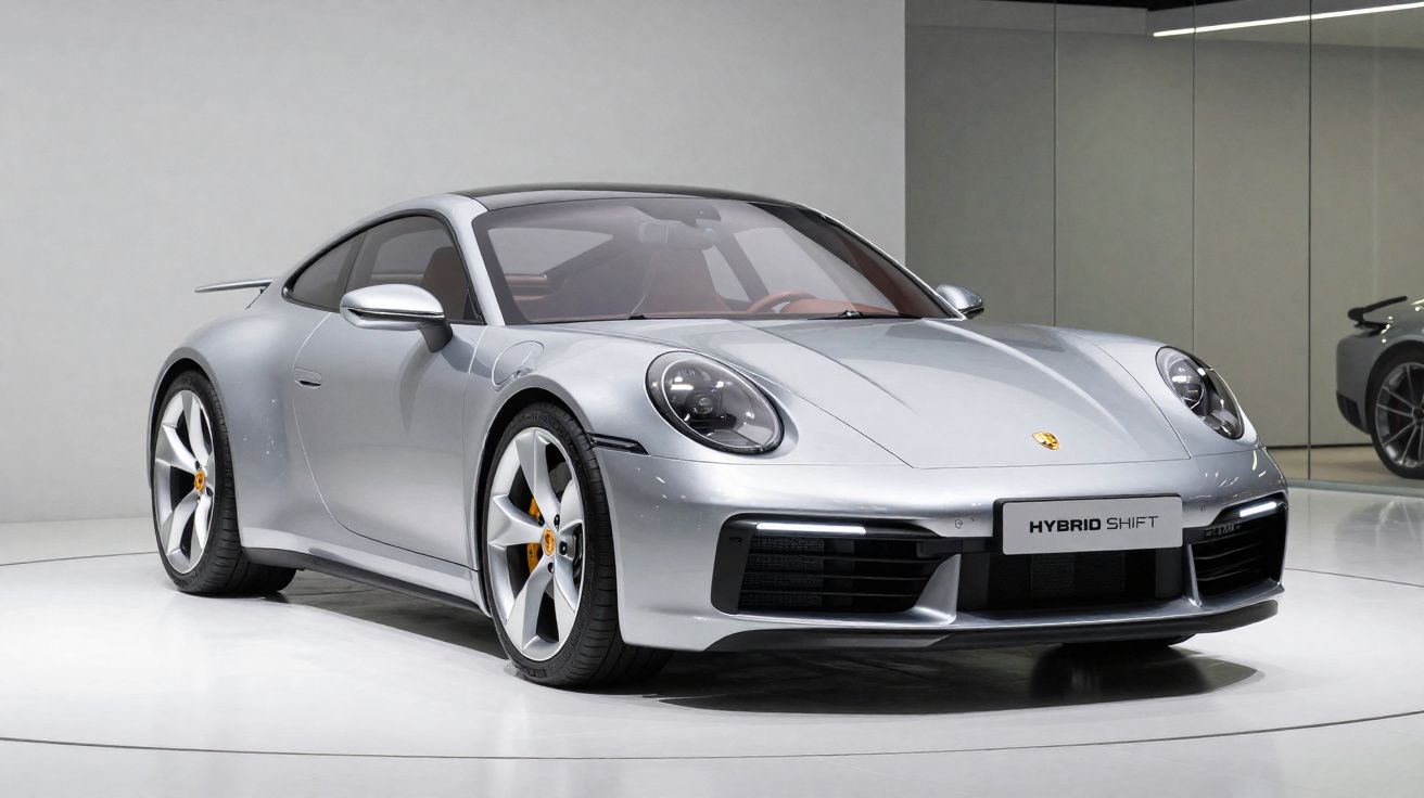 Carro esportivo prata Porsche 911 Hybrid Shift exposto em ambiente moderno com espelhos.