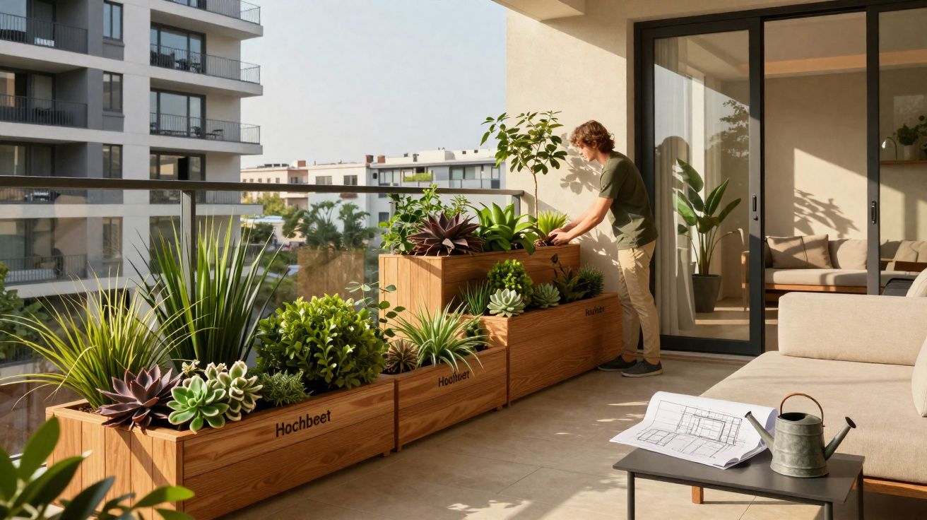 Varanda de apartamento com jardim suspenso em vasos de madeira e pessoa cuidando das plantas.