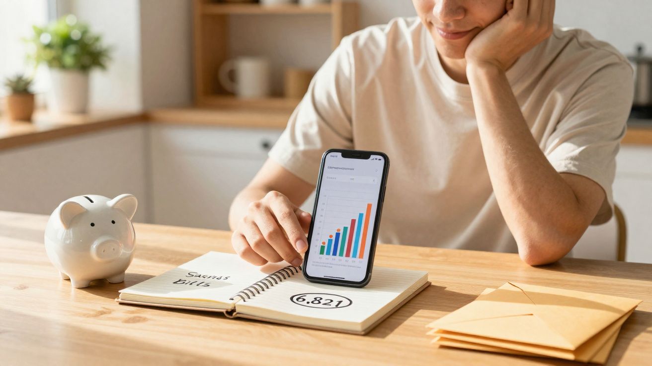Pessoa em mesa com cofrinho, caderno aberto, celular mostrando gráfico crescente e envelopes.