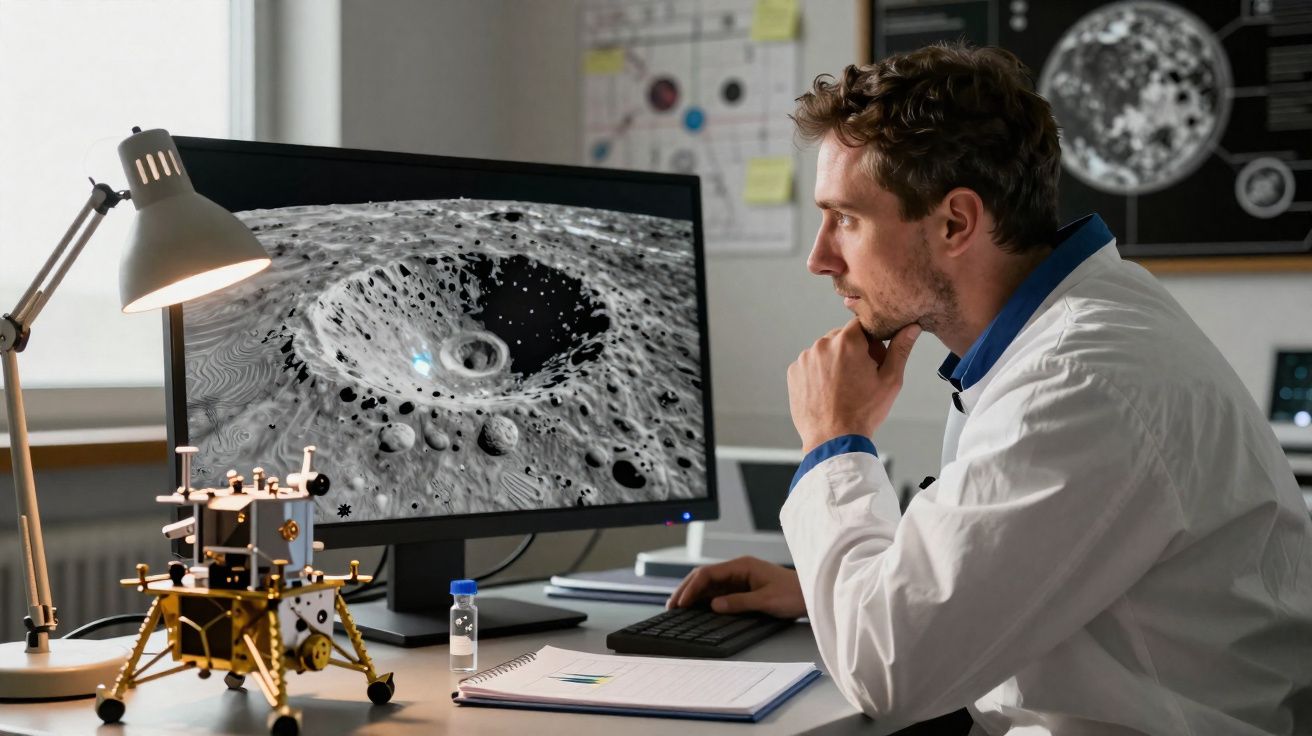 Cientista observa crateras da lua em tela de computador em escritório com modelo de módulo lunar na mesa.