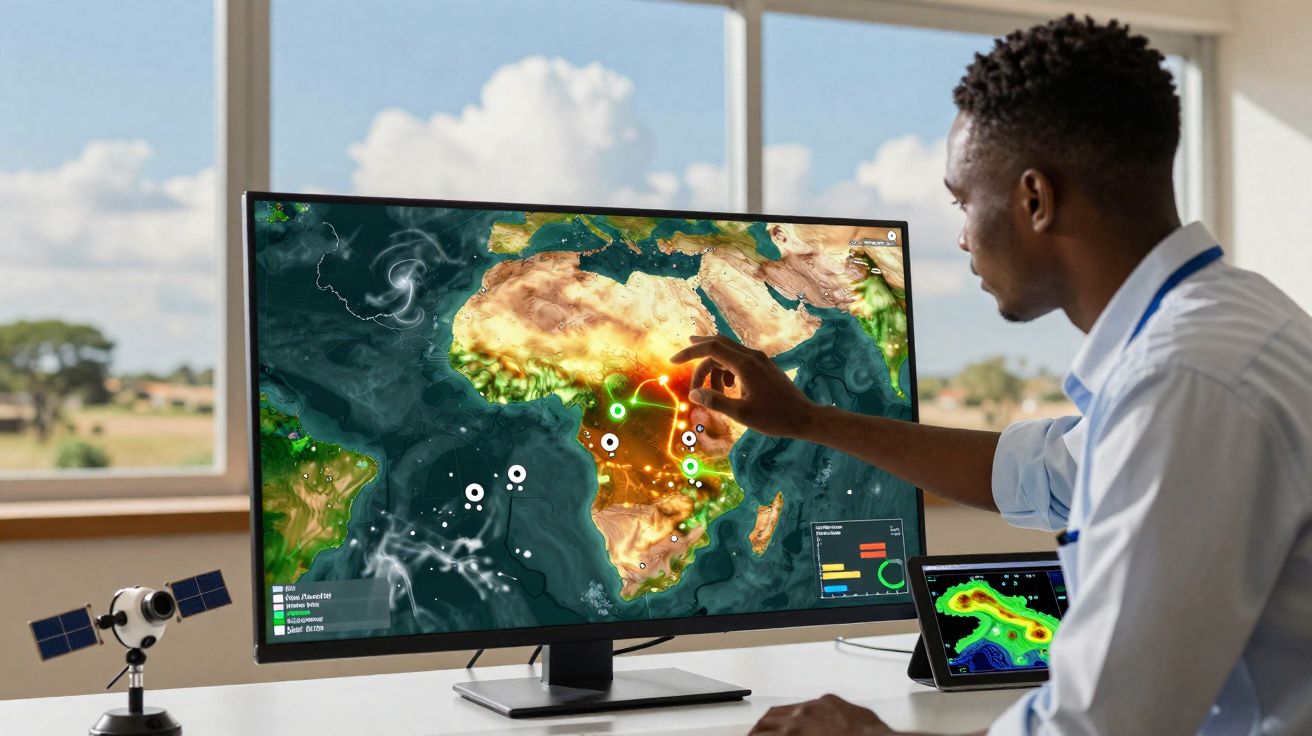 Homem analisando projeção de dados meteorológicos na África em tela de computador e tablet.