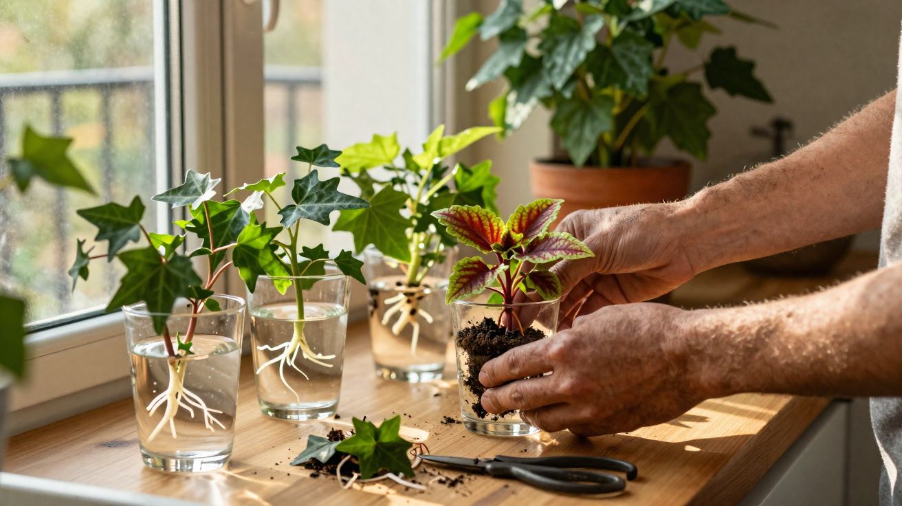 Mãos transplantando muda de planta em copo com terra, próximo a vários vasos e copos com plantas na janela.