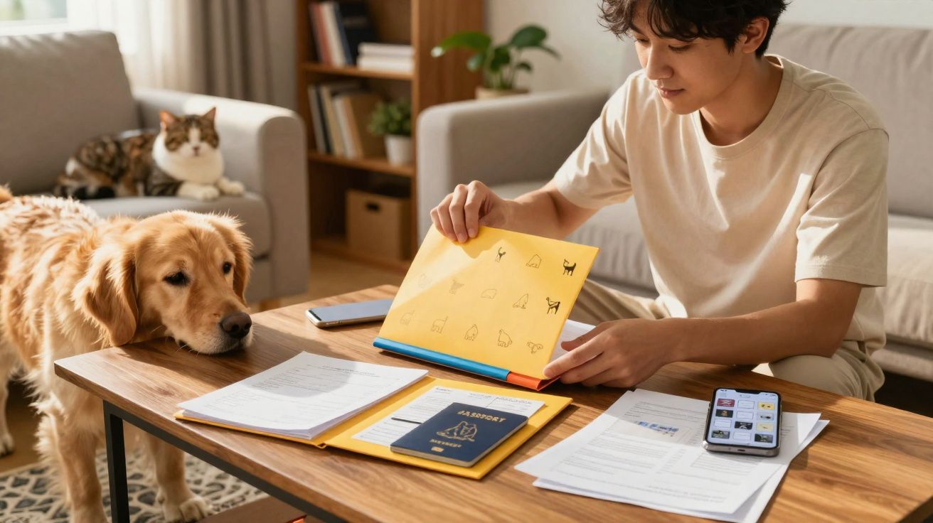 Jovem organiza documentos em mesa com cachorro ao lado e gato no sofá ao fundo na sala.